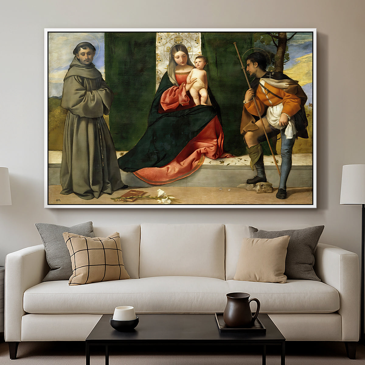 Madonna and Child with Saints Anthony of Padua and Roch, c. 1510 - Floater Framed Canvas Print