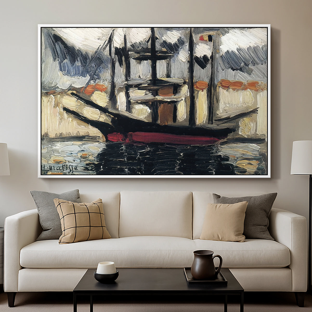 Two Boats Side by Side, Port of Marseilles, c. 1916 - Floater Framed Canvas Print