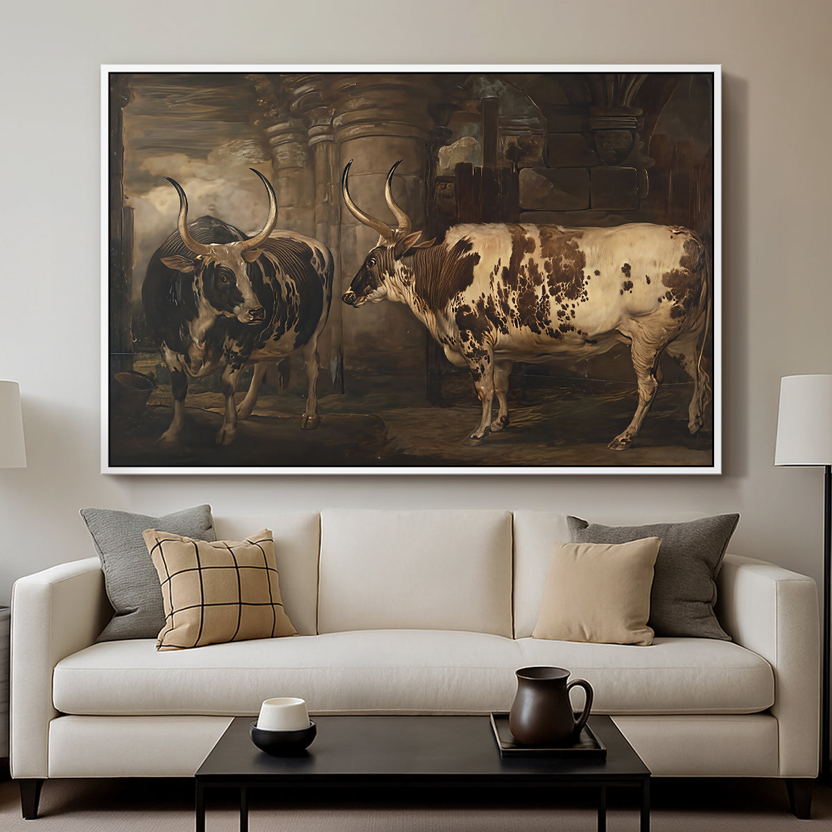 Portraits of Two Extraordinary Oxen, Property of the Earl of Powis, 1814 - Floater Framed Canvas Print