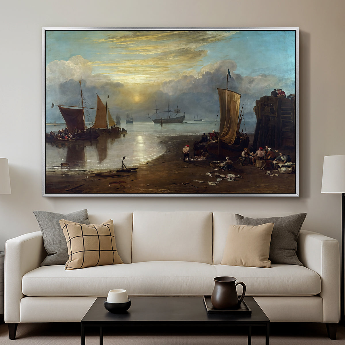 Sun Rising through Vapour: Fishermen Cleaning and Selling Fish, c. 1807 - Floater Framed Canvas Print
