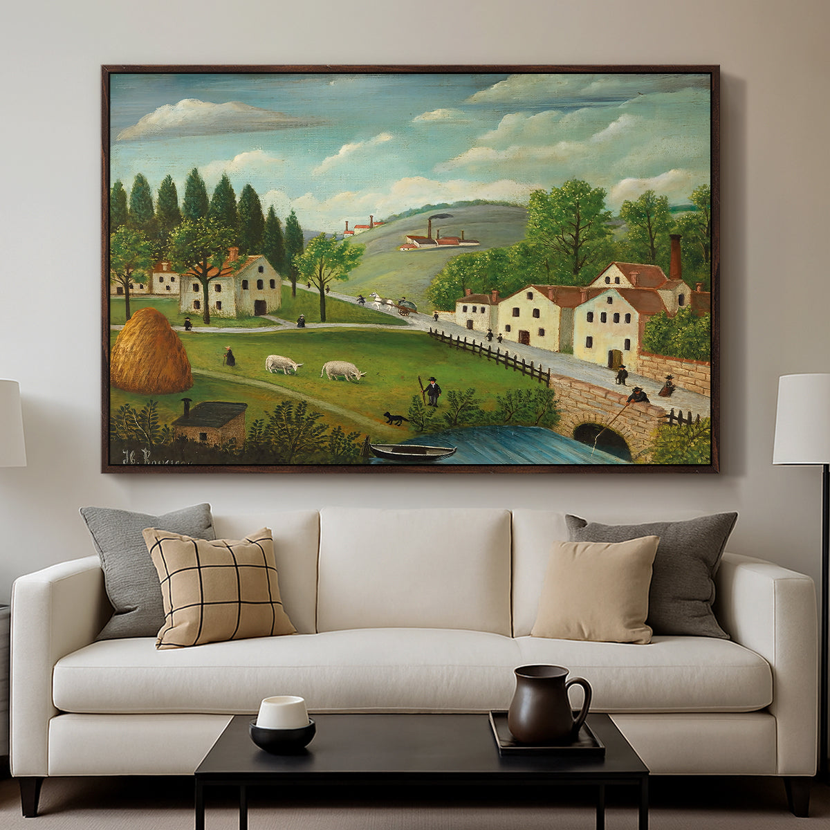 Pastoral Landscape with Stream, Fisherman and Strollers, 1875-1880 - Floater Framed Canvas Print