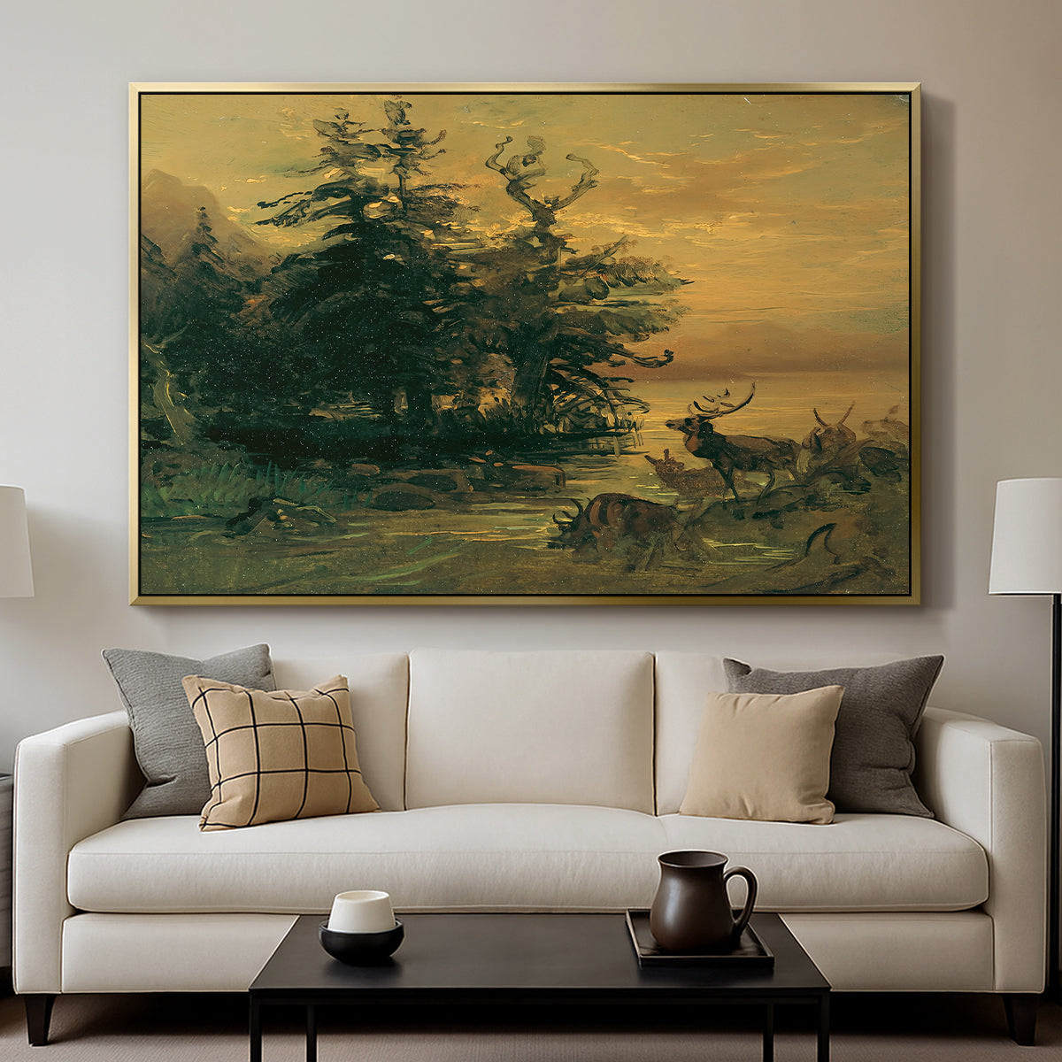 Wallowing Deer on the Shore of a Mountain Lake, c. 1850 - Floater Framed Canvas Print