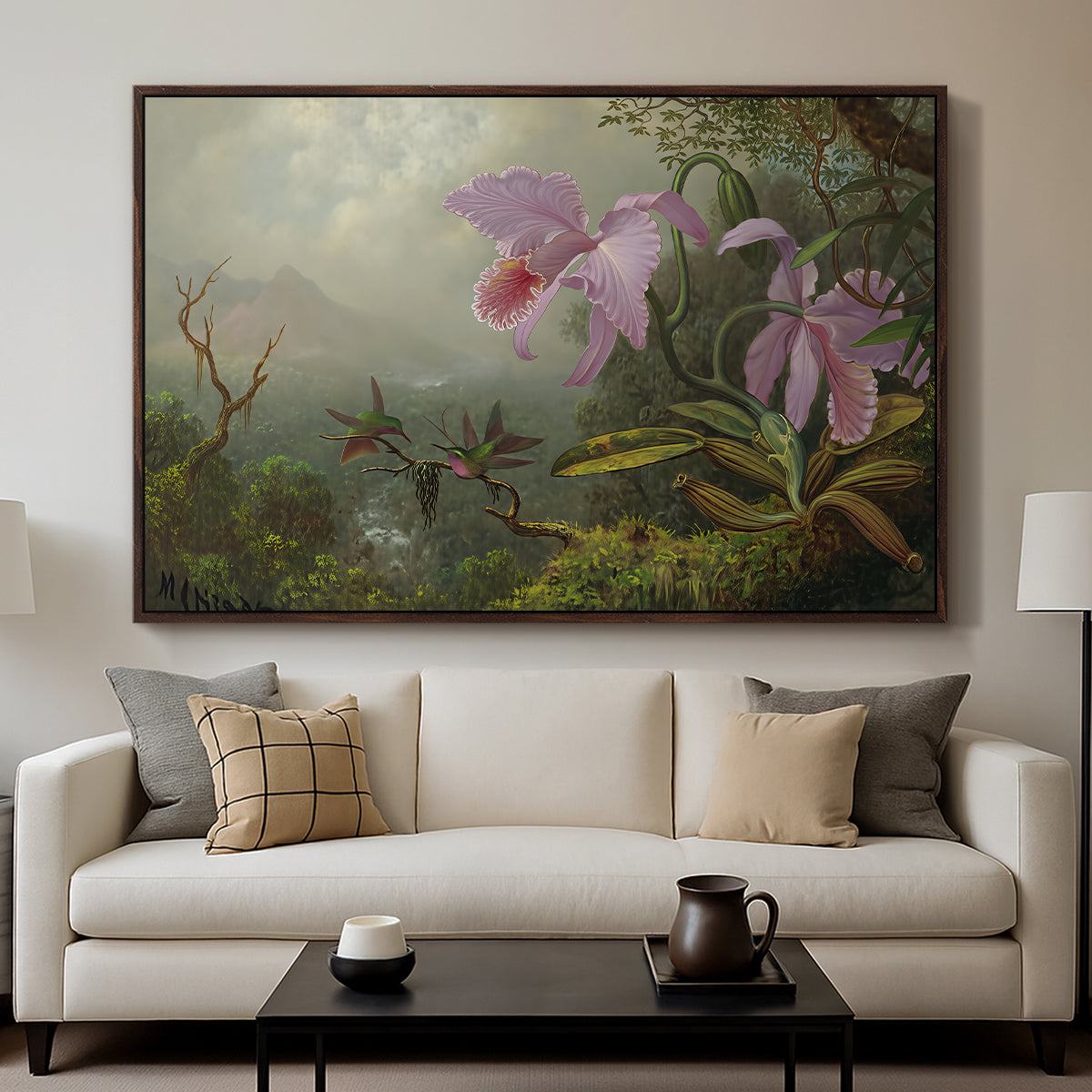 Two Sun Angel Hummingbirds on a Branch, c. 1890-1904 - Floater Framed Canvas Print