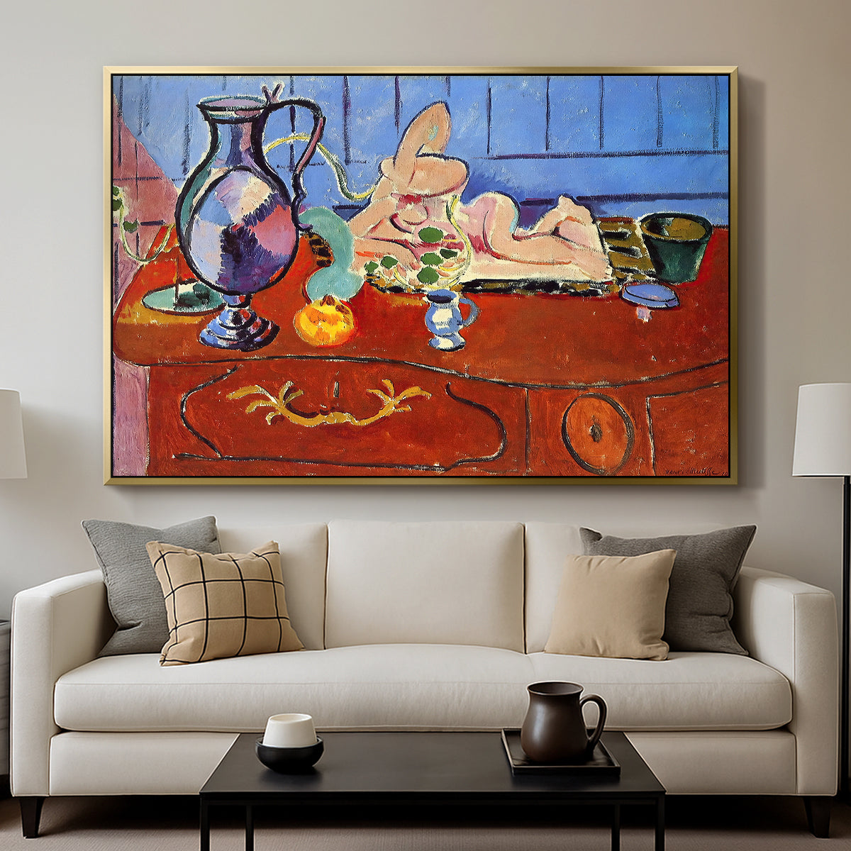 Still Life with a Pewter Jug and Pink Statuette, 1910 - Floater Framed Canvas Print