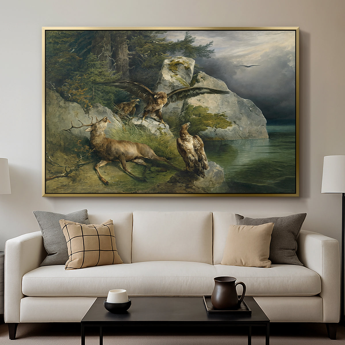 Eagles and Dying Stag on a Lakeshore, 1836 - Floater Framed Canvas Print