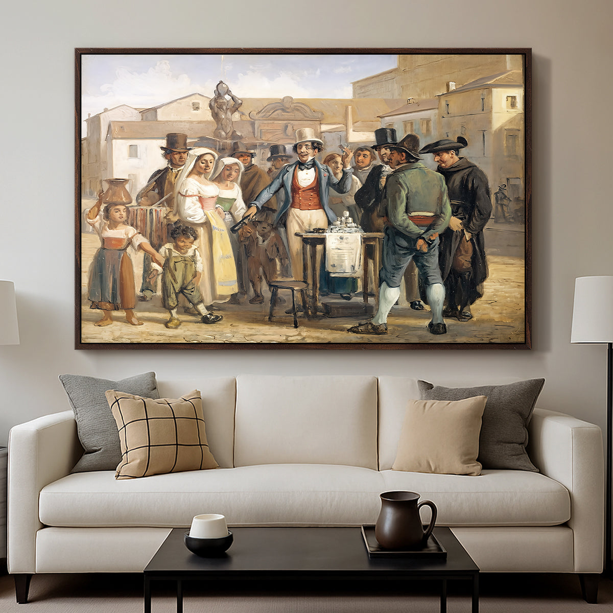 A Charlatan Selling Blacking in the Piazza Barberini in Rome, c. 1840-1849 - Floater Framed Canvas Print