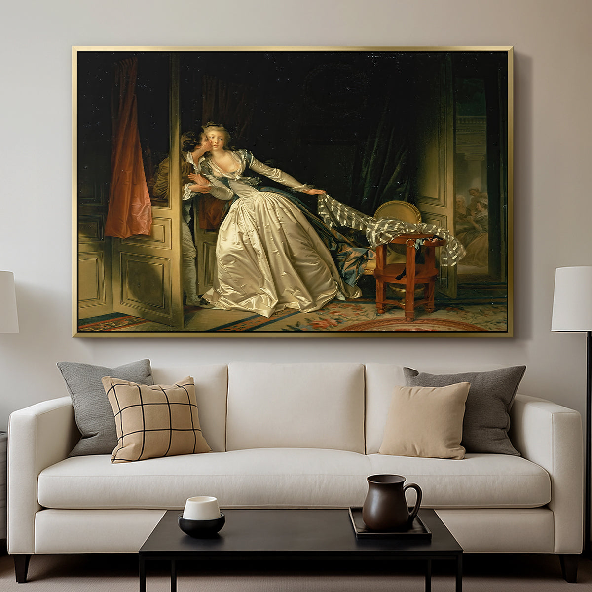 The Stolen Kiss (Le Baiser à la dérobée), c. 1788 - Floater Framed Canvas Print