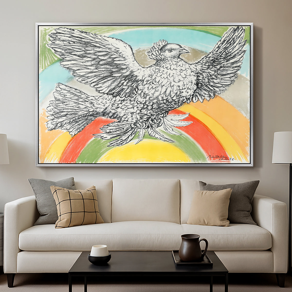 Flying Dove with Rainbow (Colombe volant à l'Arc-en-ciel), 1952 - Floater Framed Canvas Print