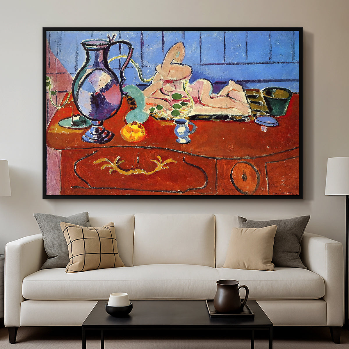 Still Life with a Pewter Jug and Pink Statuette, 1910 - Floater Framed Canvas Print