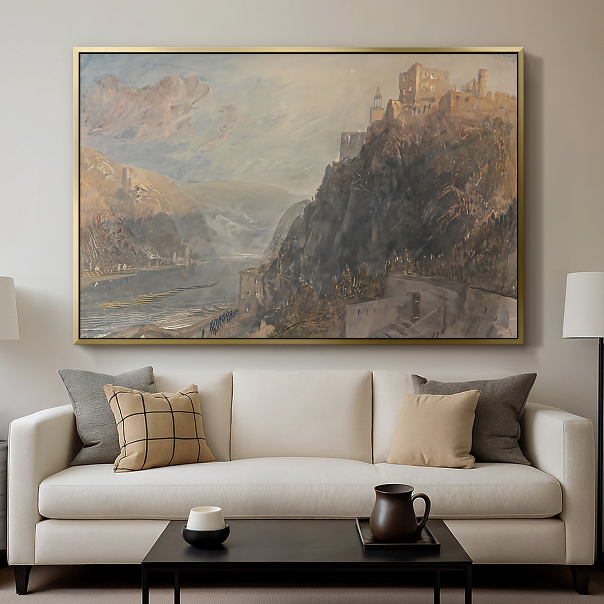 Rheinfels Looking to Katz and Gourhausen, 1817 - Floater Framed Canvas Print