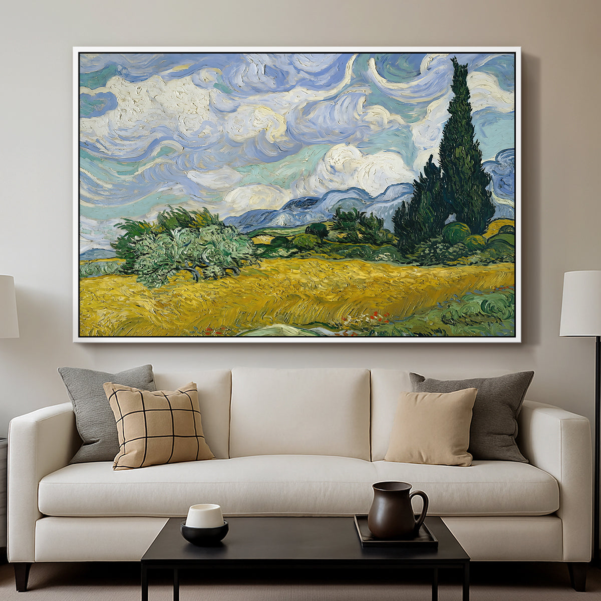 Wheat Field with Cypresses, 1889 - Floater Framed Canvas Print