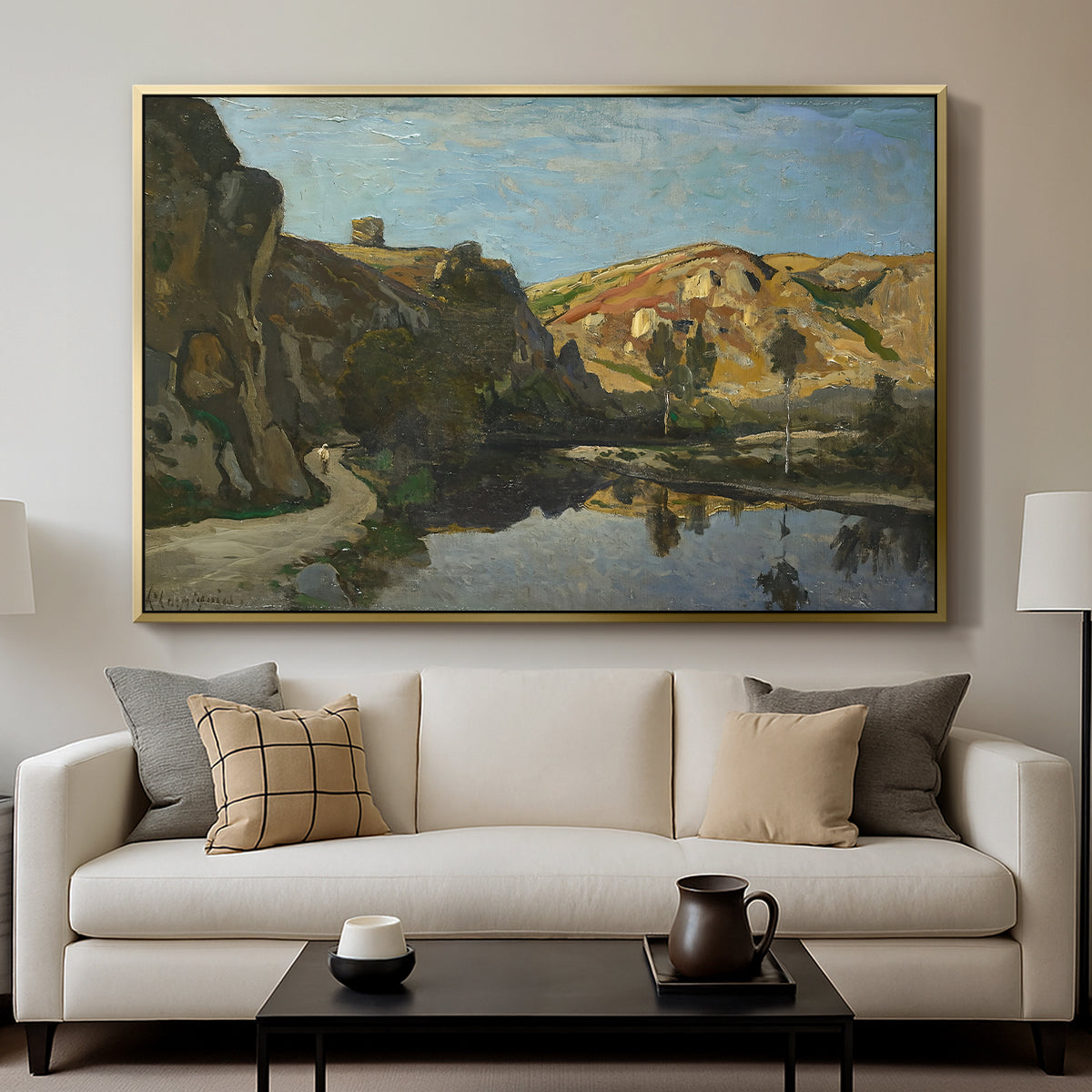 River Landscape with Cliffs, c. 1850-1860 - Floater Framed Canvas Print
