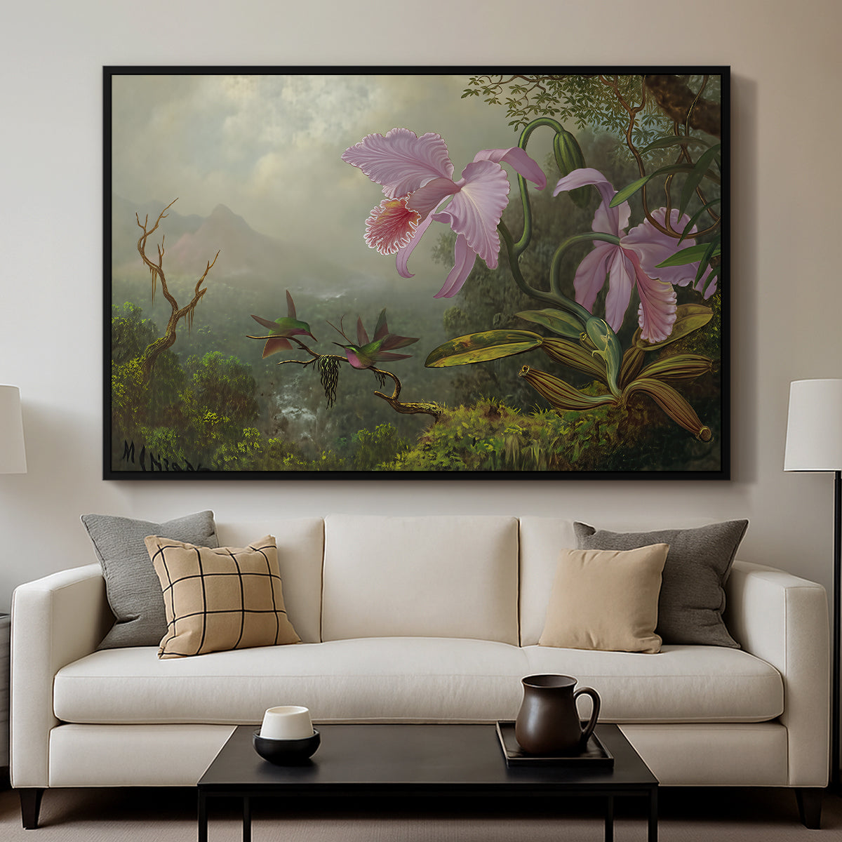 Two Sun Angel Hummingbirds on a Branch, c. 1890-1904 - Floater Framed Canvas Print