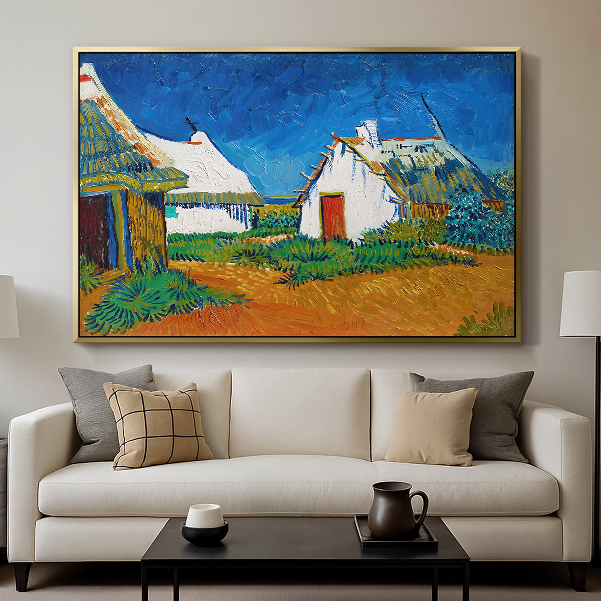 Three White Cottages at Saintes-Maries, 1888 - Floater Framed Canvas Print
