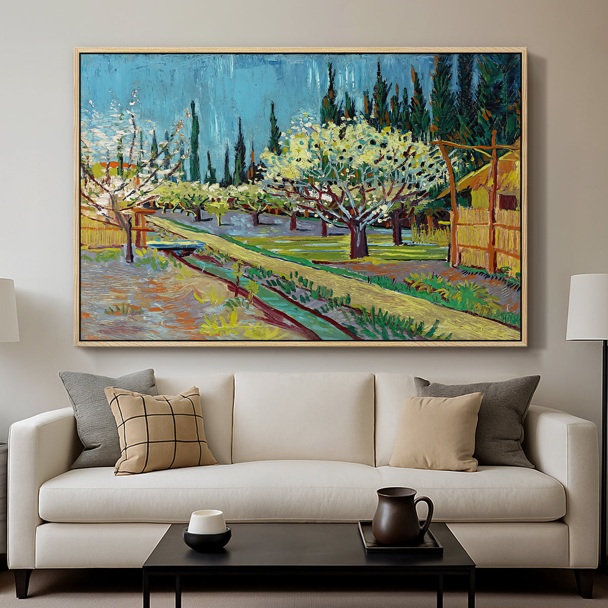 Orchard in Blossom, Bordered by Cypresses, 1888 - Floater Framed Canvas Print