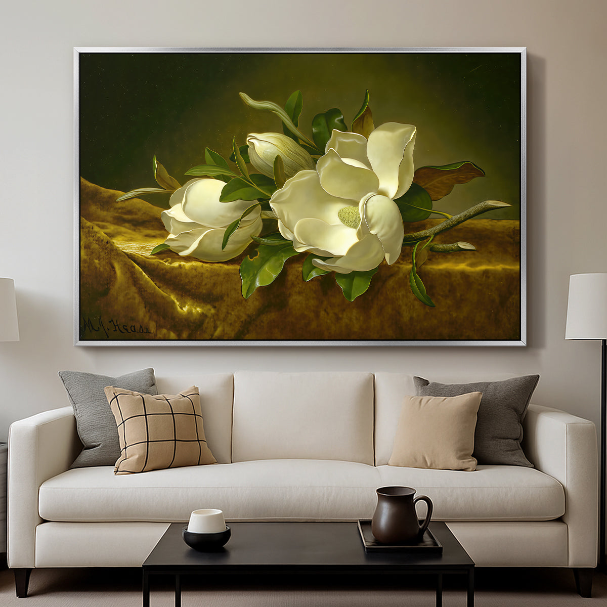 Magnolias on Gold Velvet Cloth, c. 1888-1890 - Floater Framed Canvas Print