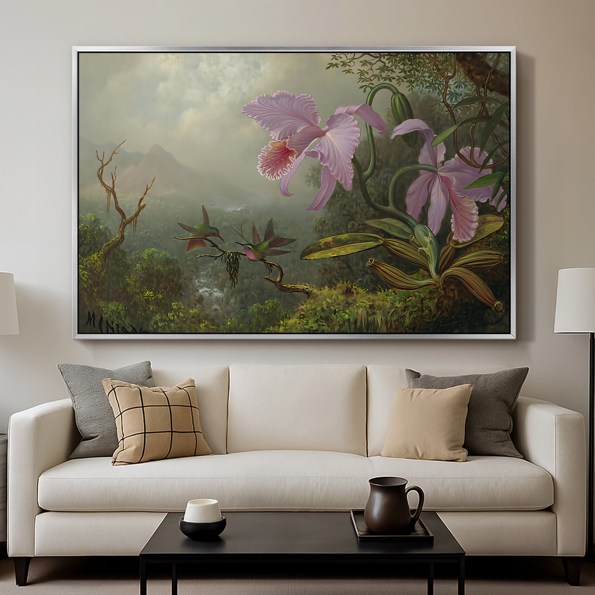 Two Sun Angel Hummingbirds on a Branch, c. 1890-1904 - Floater Framed Canvas Print