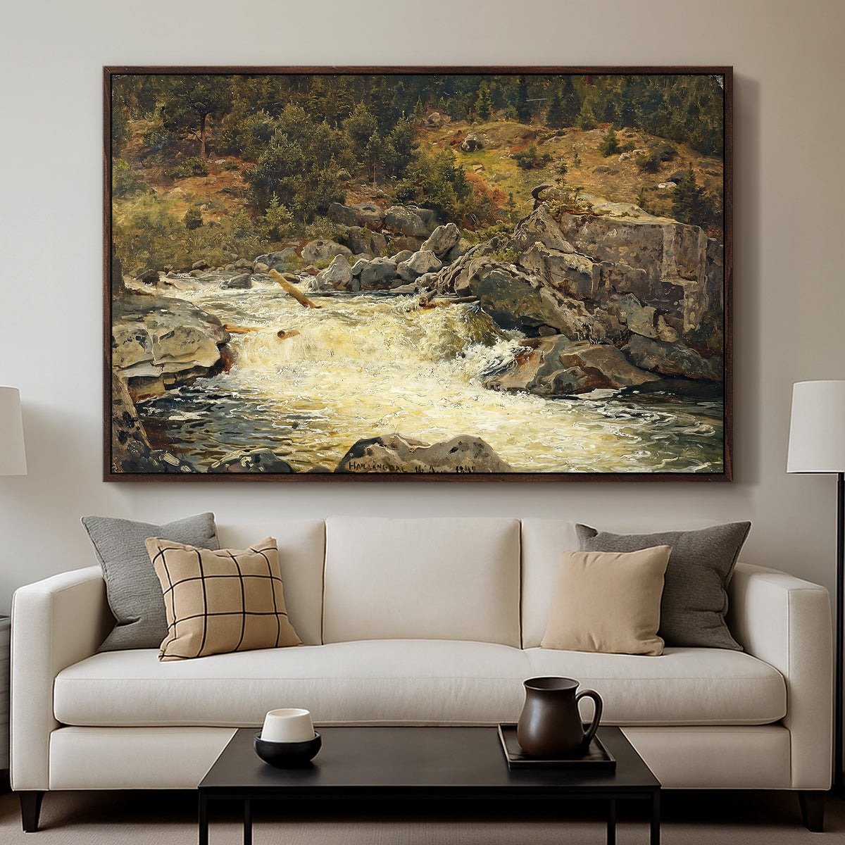 Waterfall in Hallingdal, 1848 - Floater Framed Canvas Print