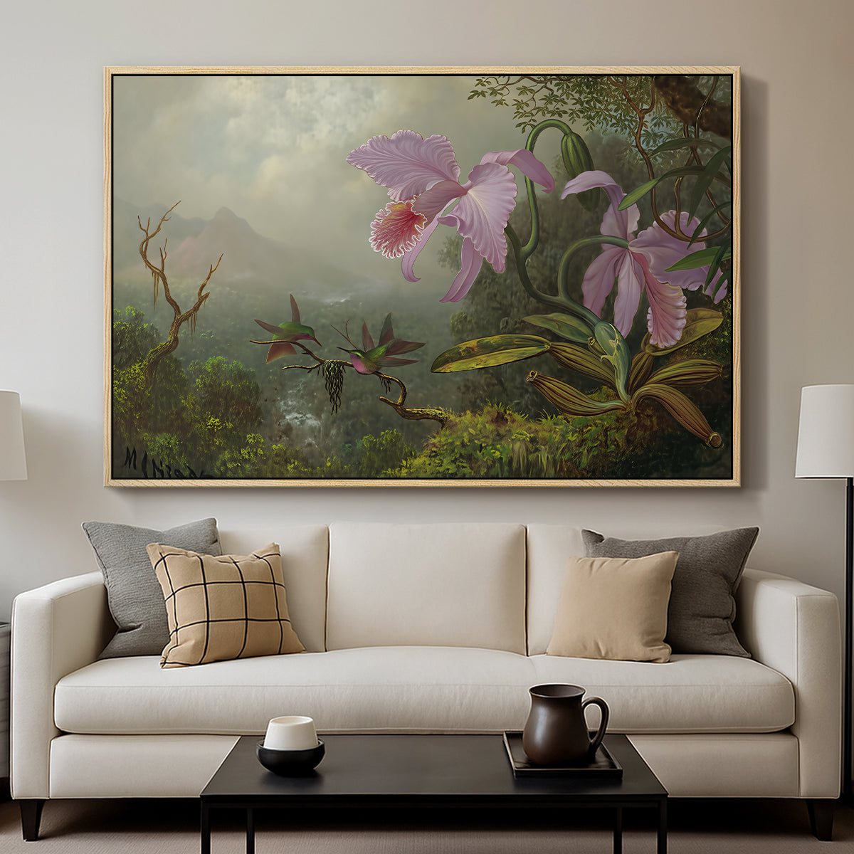 Two Sun Angel Hummingbirds on a Branch, c. 1890-1904 - Floater Framed Canvas Print