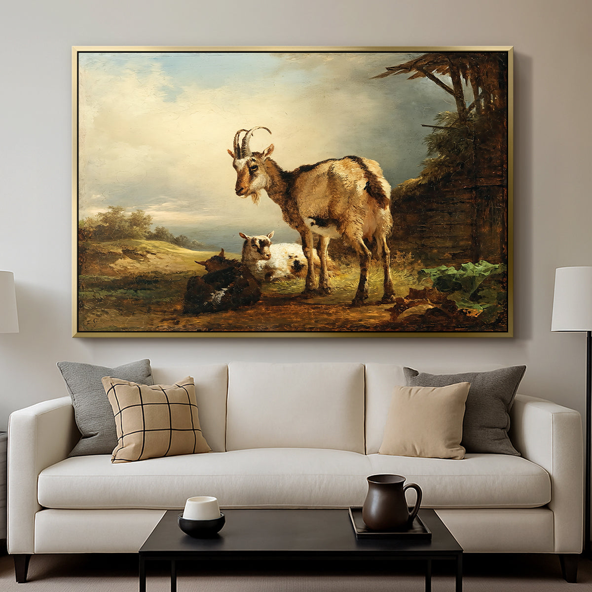 A Goat with Two Kids - Floater Framed Canvas Print