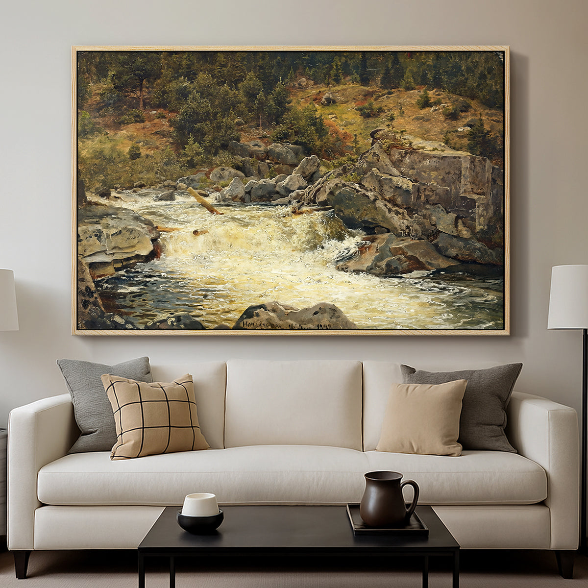 Waterfall in Hallingdal, 1848 - Floater Framed Canvas Print