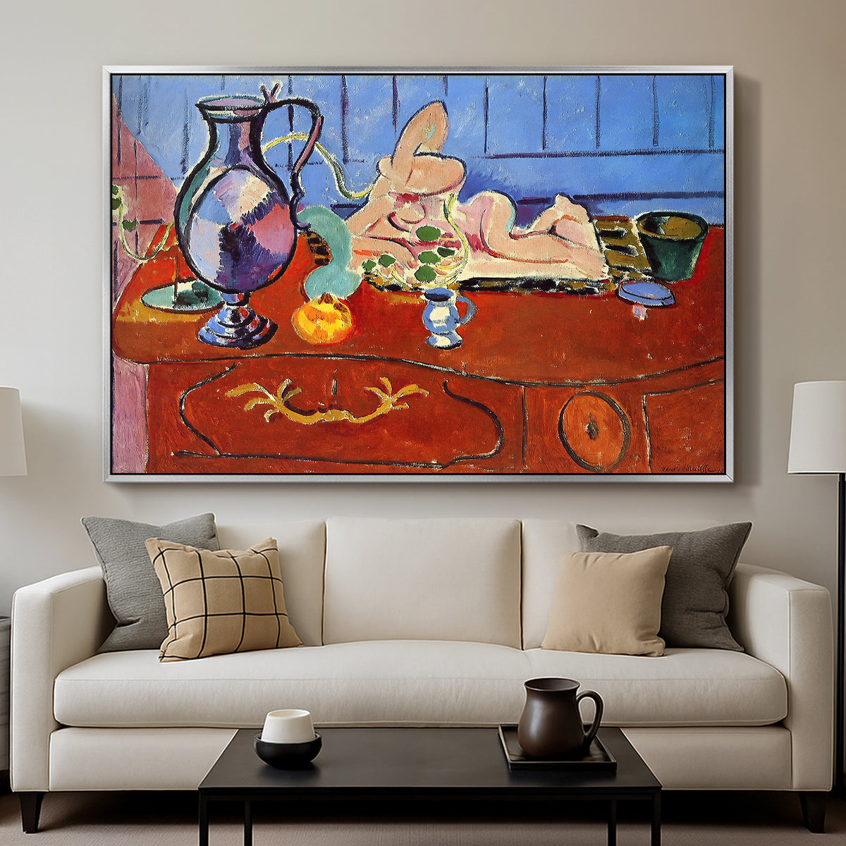 Still Life with a Pewter Jug and Pink Statuette, 1910 - Floater Framed Canvas Print