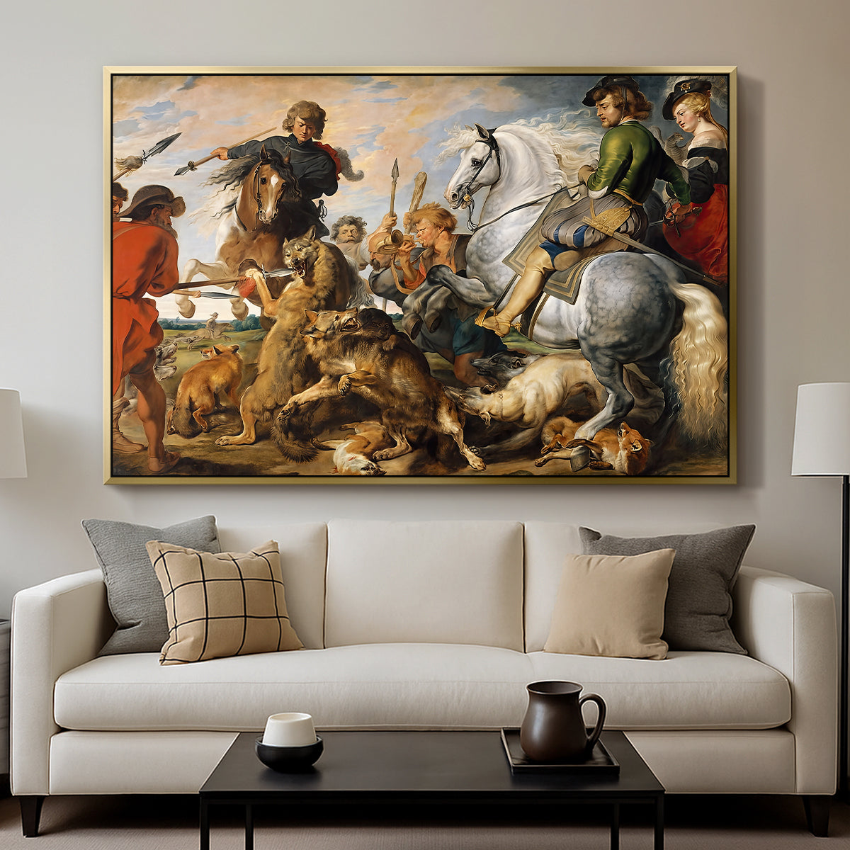 The Wolf and Fox Hunt, c. 1616 - Floater Framed Canvas Print