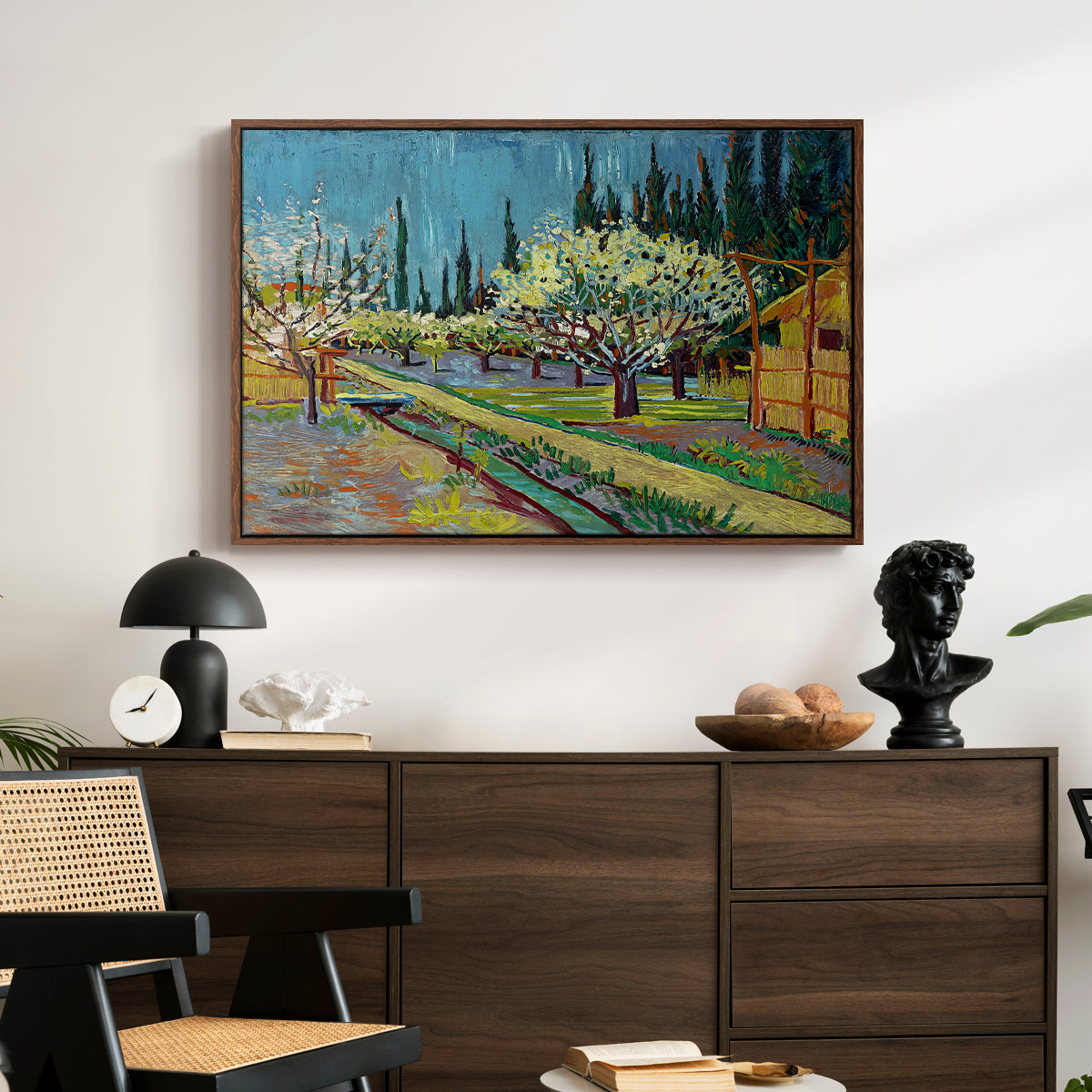 Orchard in Blossom, Bordered by Cypresses, 1888 - Floater Framed Canvas Print