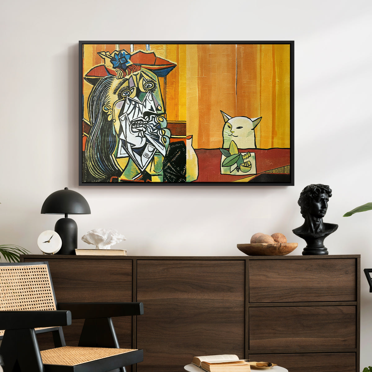 Woman Yelling at a Cat Meme (Picasso Parody) - Floater Framed Canvas Print
