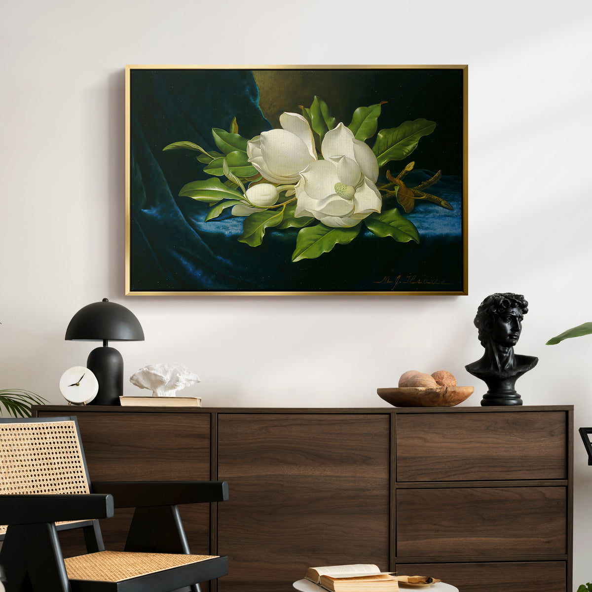 Giant Magnolias on a Blue Velvet Cloth, c. 1890 - Floater Framed Canvas Print
