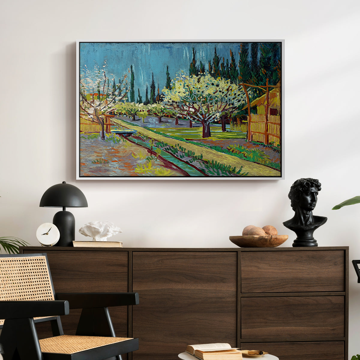 Orchard in Blossom, Bordered by Cypresses, 1888 - Floater Framed Canvas Print