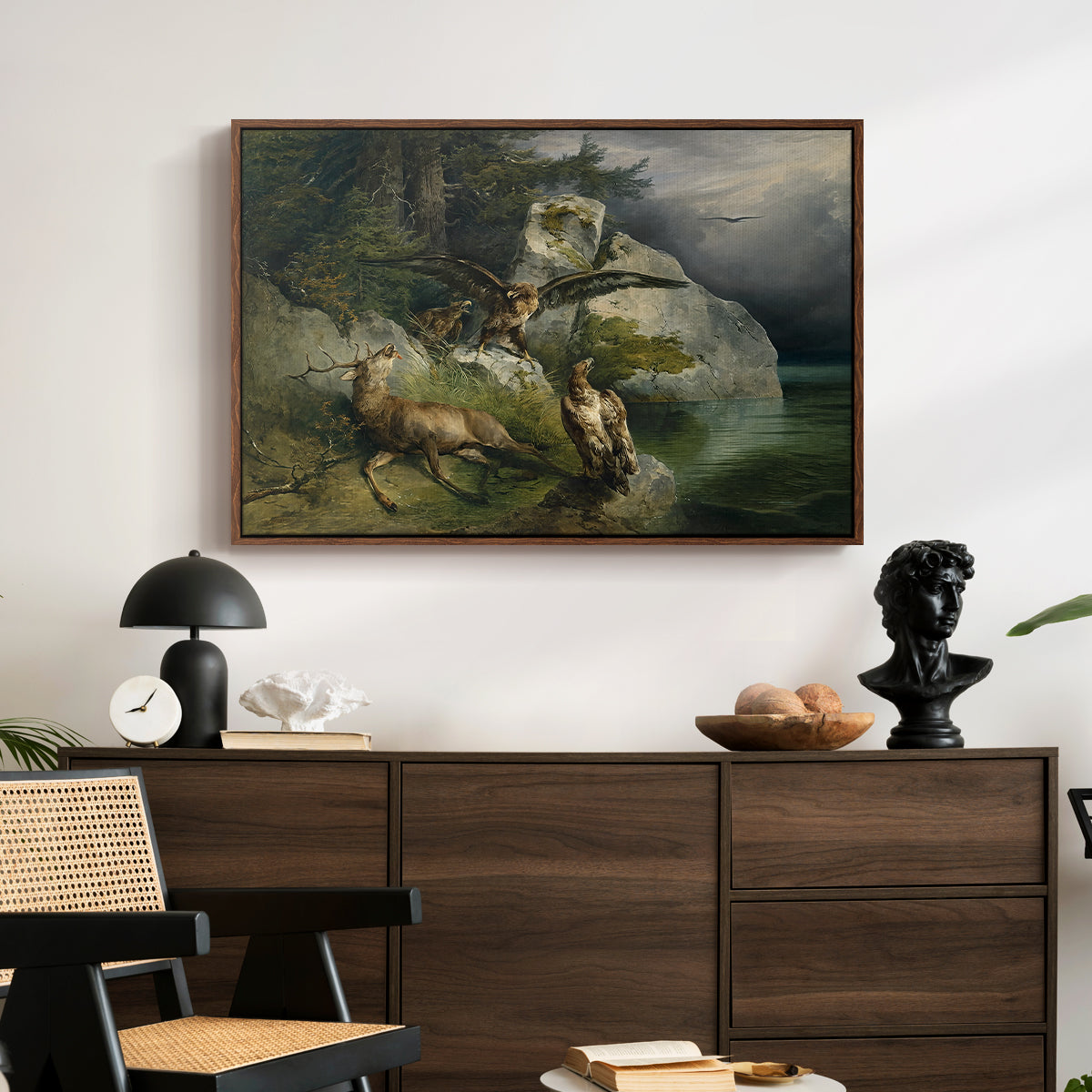 Eagles and Dying Stag on a Lakeshore, 1836 - Floater Framed Canvas Print