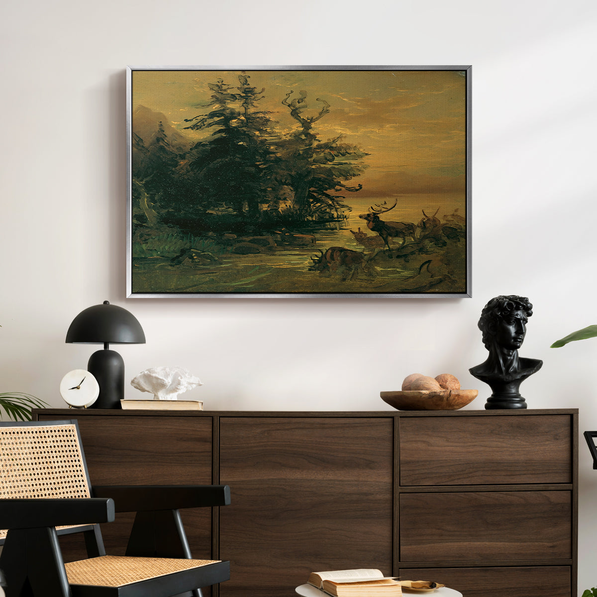 Wallowing Deer on the Shore of a Mountain Lake, c. 1850 - Floater Framed Canvas Print