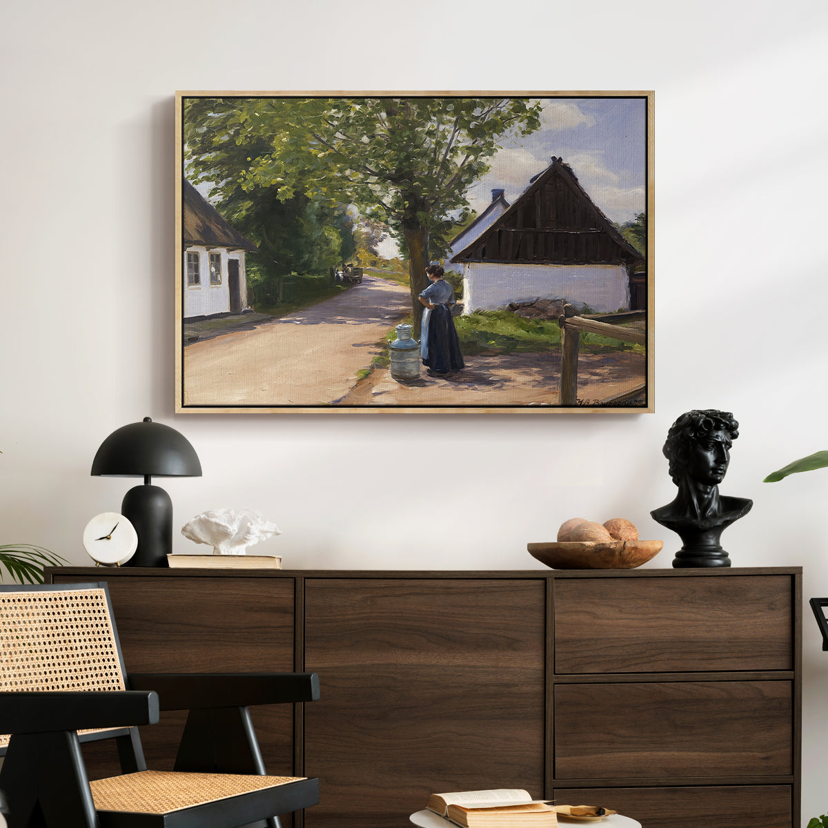 Danish Village Street with Woman and Milkman, 1880 - Floater Framed Canvas Print