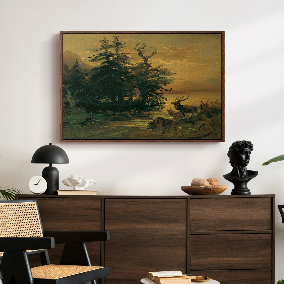 Wallowing Deer on the Shore of a Mountain Lake, c. 1850 - Floater Framed Canvas Print