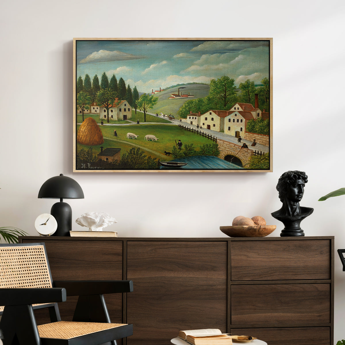 Pastoral Landscape with Stream, Fisherman and Strollers, 1875-1880 - Floater Framed Canvas Print