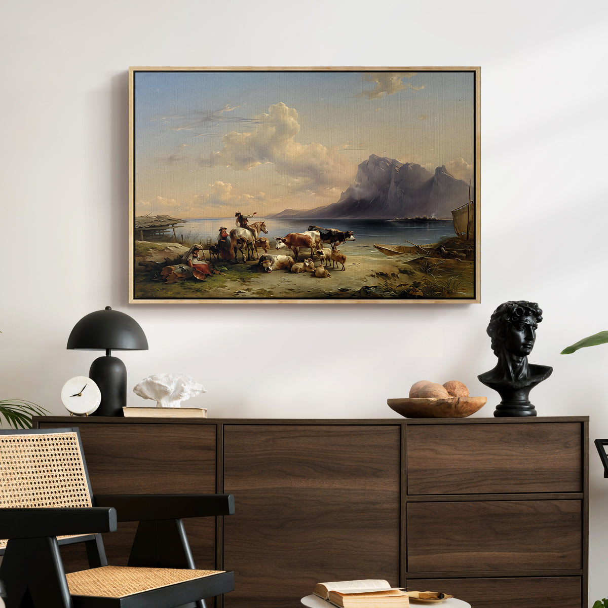 Shepherds and Cattle on Lake Attersee, 1852 - Floater Framed Canvas Print