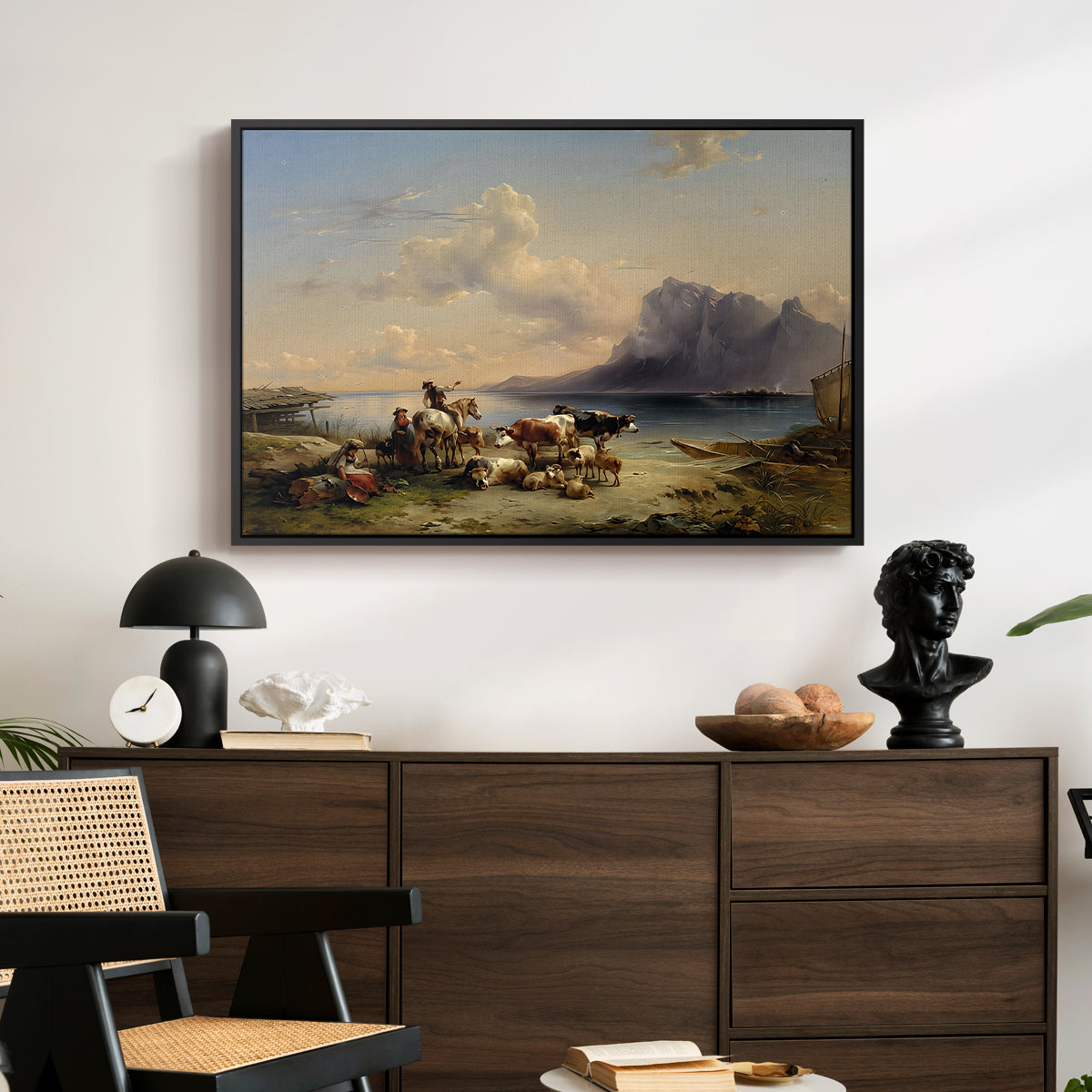 Shepherds and Cattle on Lake Attersee, 1852 - Floater Framed Canvas Print