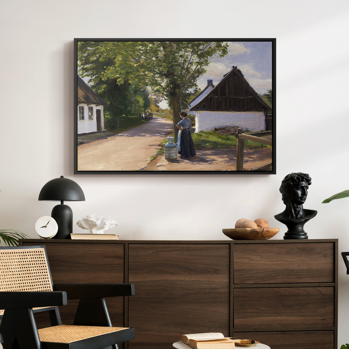 Danish Village Street with Woman and Milkman, 1880 - Floater Framed Canvas Print