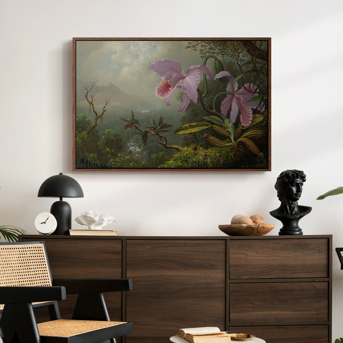 Two Sun Angel Hummingbirds on a Branch, c. 1890-1904 - Floater Framed Canvas Print