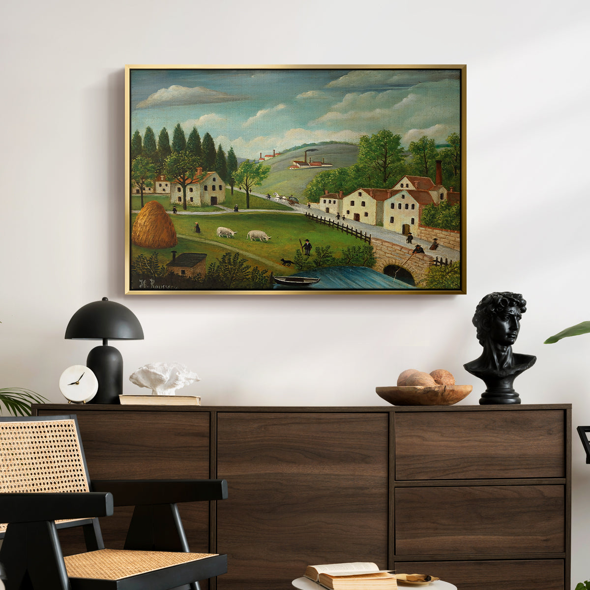 Pastoral Landscape with Stream, Fisherman and Strollers, 1875-1880 - Floater Framed Canvas Print