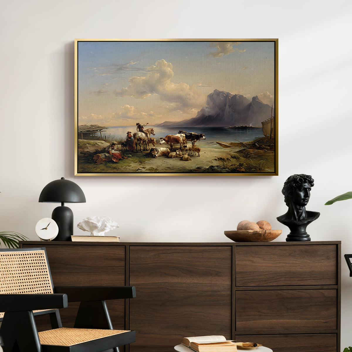 Shepherds and Cattle on Lake Attersee, 1852 - Floater Framed Canvas Print