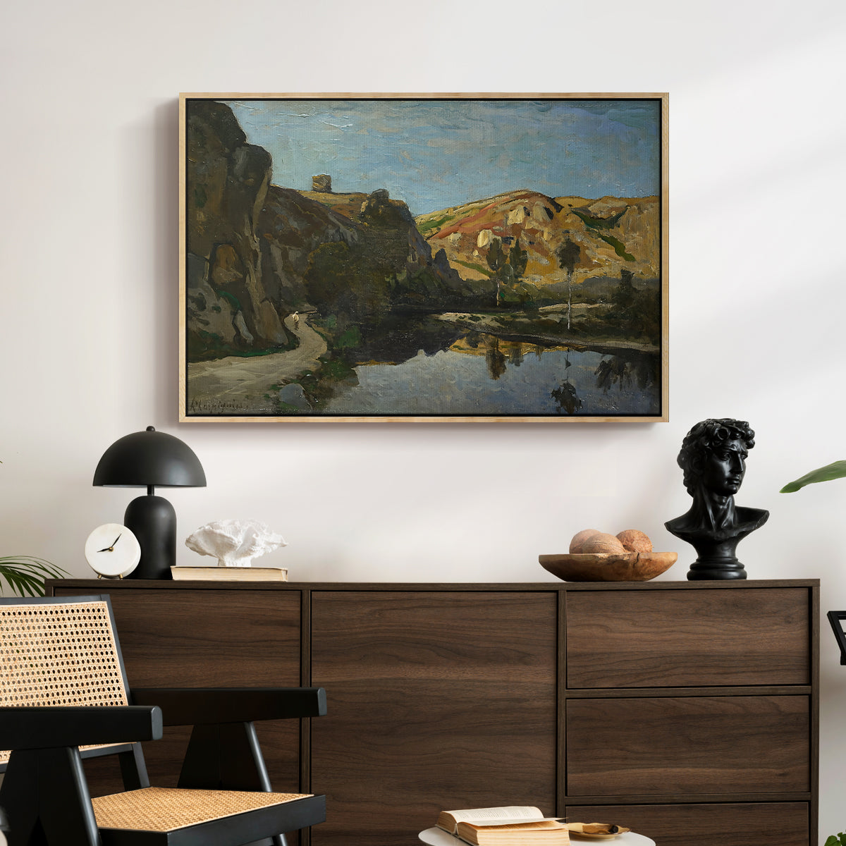 River Landscape with Cliffs, c. 1850-1860 - Floater Framed Canvas Print