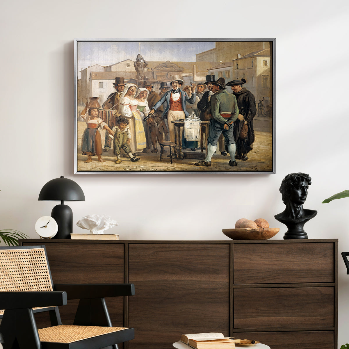 A Charlatan Selling Blacking in the Piazza Barberini in Rome, c. 1840-1849 - Floater Framed Canvas Print