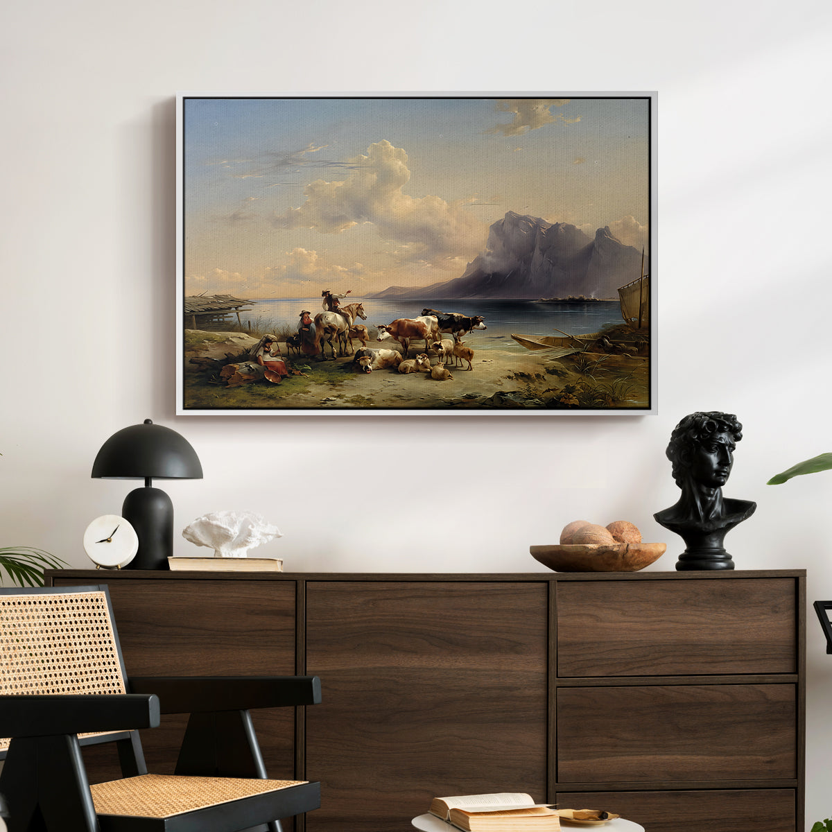 Shepherds and Cattle on Lake Attersee, 1852 - Floater Framed Canvas Print