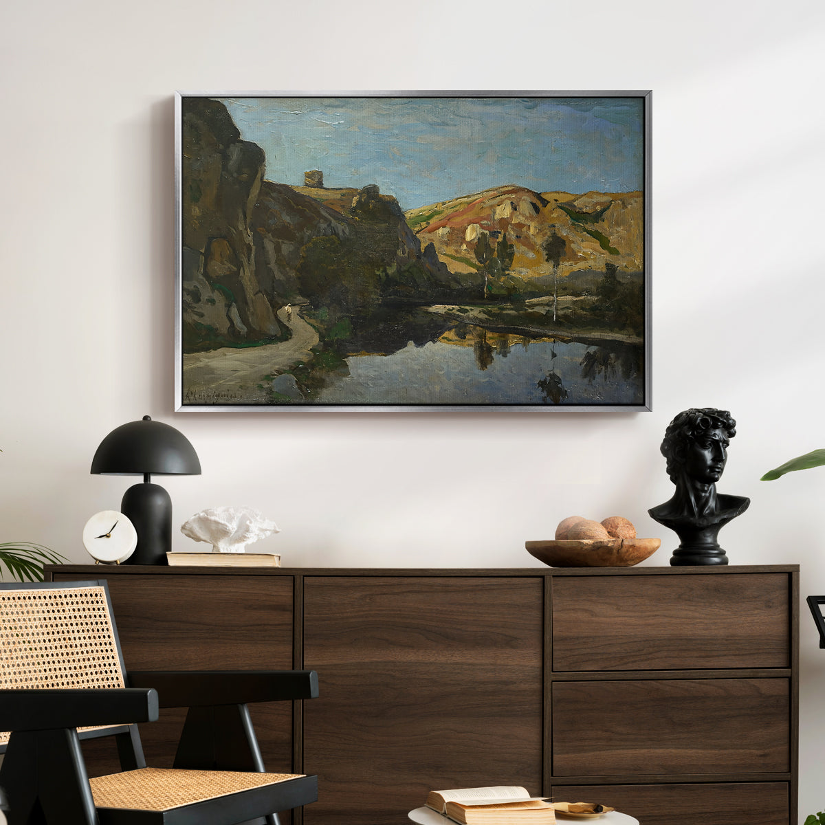River Landscape with Cliffs, c. 1850-1860 - Floater Framed Canvas Print