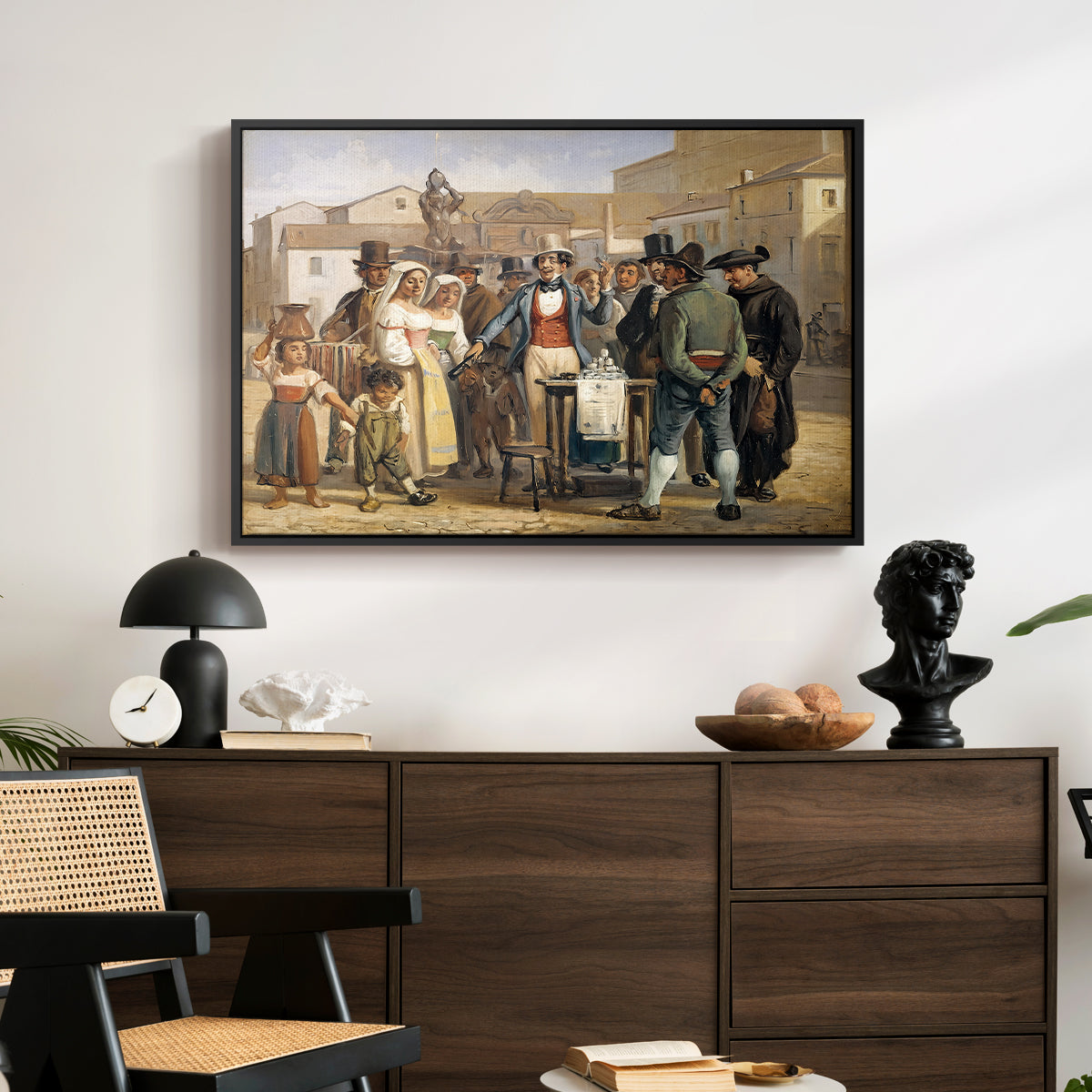 A Charlatan Selling Blacking in the Piazza Barberini in Rome, c. 1840-1849 - Floater Framed Canvas Print