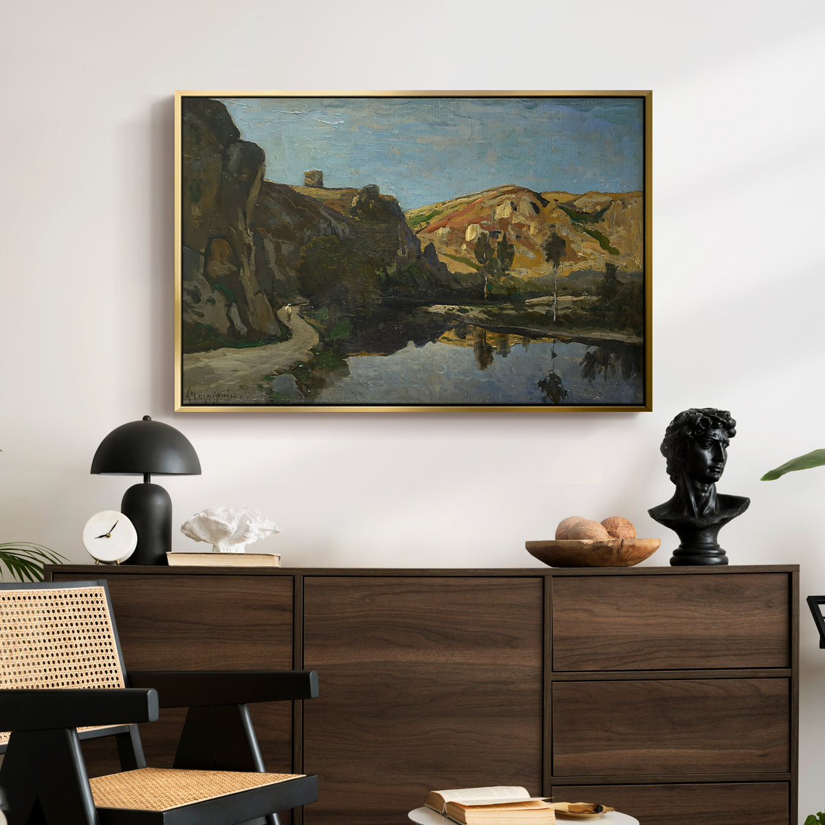 River Landscape with Cliffs, c. 1850-1860 - Floater Framed Canvas Print