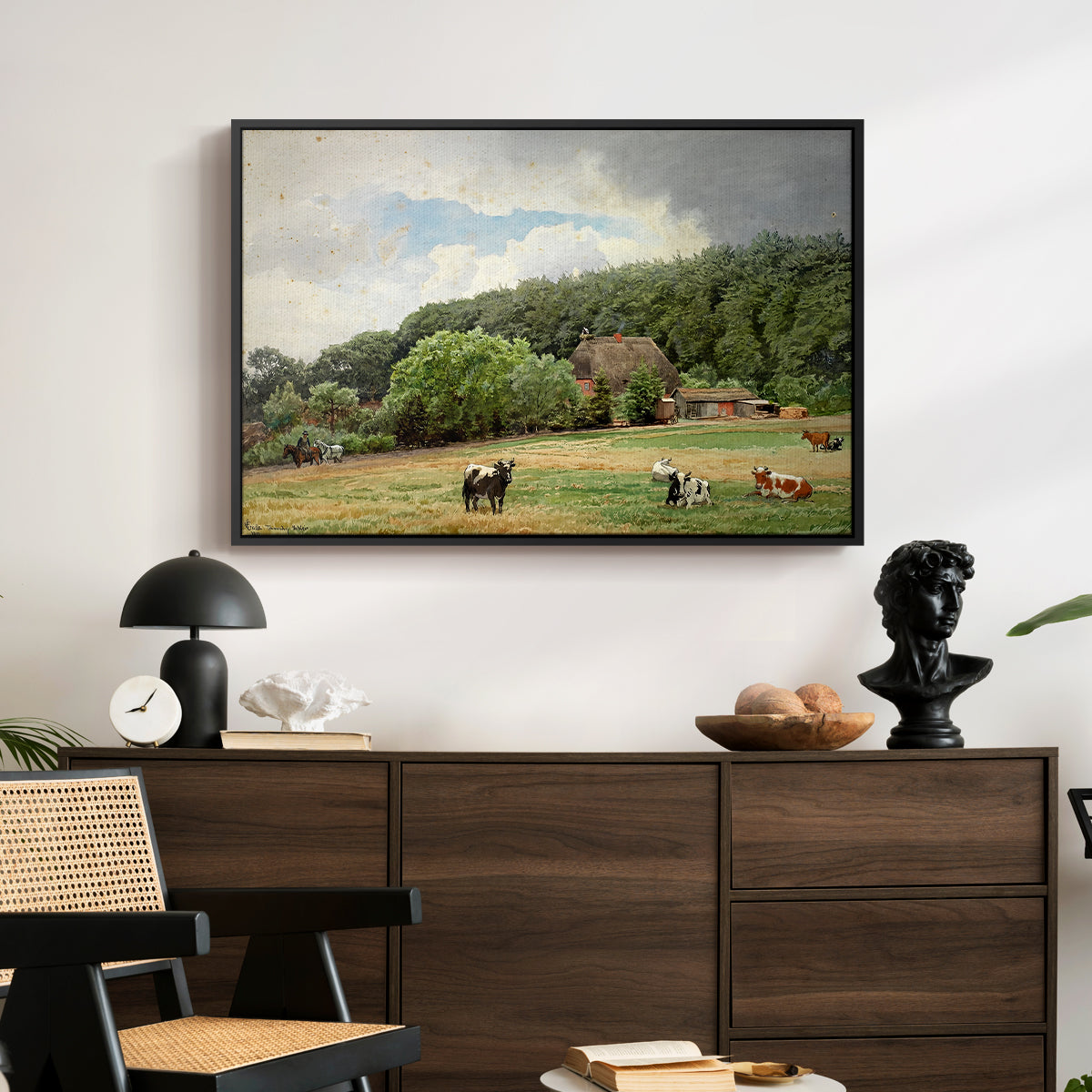 Farm with Grazing Cows (Bondegård med beitende kuer), 1892 - Floater Framed Canvas Print