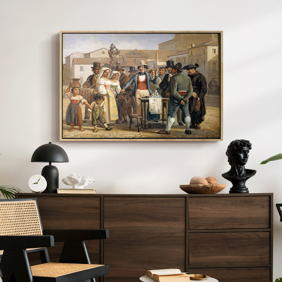 A Charlatan Selling Blacking in the Piazza Barberini in Rome, c. 1840-1849 - Floater Framed Canvas Print